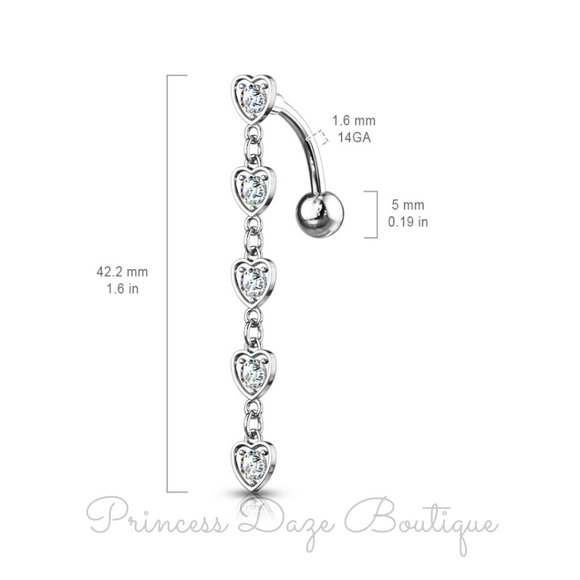Silver Diamond Heart Dangle Belly Button Ring - Picture 2 of 3
